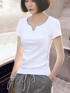 Slim Fit Short Sleeve V Neck White T Shirt Womens Inner Wear Base Shirt Korean Style Summer New Arrival Cotton Blend Elastic Fiber