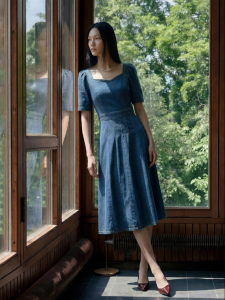Vero Moda | New Summer Style Puffy Sleeves 3D Bow A-Line Waist-Cinching Denim Dress