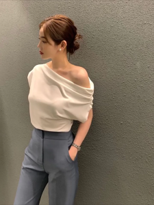 Korean Short Sleeve Off Shoulder T-shirt For Women Irregular Pleated Loose Tops