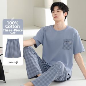 100% Cotton Sleepwear 3-Piece Set Short Sleeve Long Pants
