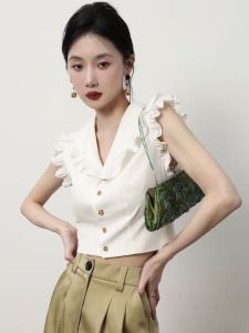 French Style V-Neck Ruffle Sleeveless Slim Fit Short Shirt Womens Summer New Sweet Style Top Button Closure Polyester Blend
