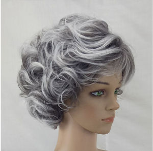 Middle-aged and elderly mother wig grandma silver and white mixed color fashionable curly hair headgear fluffy and realistic curly hair