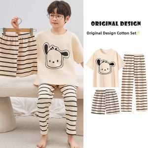 Miiow | Pure Cotton Short Sleeve Childrens Sleepwear Set Cartoon Boy Home Clothes Three-Piece Suit For Boys Ages 4-13 Breathable Comfortable