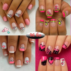 ชุดเล็บปลอมสี่เหลี่ยมสั้น 4 แพ็ค/96 ชิ้น พร้อมดีไซน์สีดำขาวคลาสสิก ประดับโบว์และลายหัวใจ