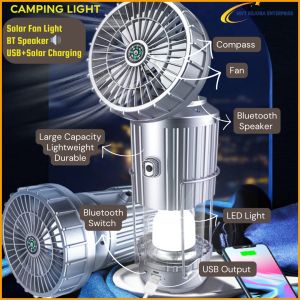 Solar LED Outdoor Light and Fan Waterproof for Camping with Bluetooth Speaker and Compass Solar & USB Charging | Lampu Kipas Camping | 太阳能风扇露营手提拉伸马灯超大风力户外营地灯宝风扇太阳能充电帐篷灯手电筒多功能还能给手机充电