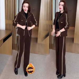Womens Fleece Lined Thickened Casual Sports Set Autumn Winter New Fashion Wide Leg Pants Two Piece Set Polyester Fiber
