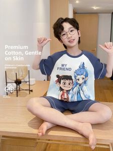 miiow | Pure Cotton Childrens Sleepwear Short Sleeve Shorts Home Clothes For Boys Catman 2025 New Arrival Summer Outfit Suitable For Outdoor