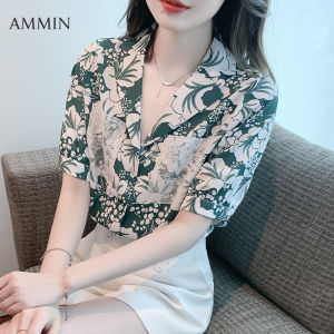 AMMIN summer new simple shirt collar fashion vintage floral print commuting career chiffon blouse womens Korean version style embroidery hook floral hollowed out lace stitching single breasted short sleeve comfortable elegant blouse