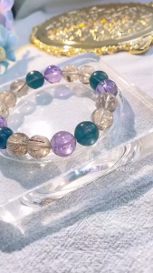 [现货] 紫水晶+绿蓝萤石+魔鬼发手串｜智慧平衡 × 能量守护｜Amethyst + Fluorite + Rutilated Quartz Bracelet｜Wisdom • Balance • Protection