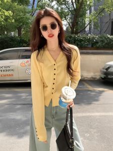 Yellow Knitted Sweater Womens Early Autumn Fashion 2025 New Style Korean V-neck Long Sleeve Open Cardigan Outerwear Top