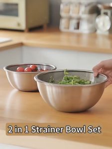 2pcs/Set Fine Mesh Strainer and Mixing Bowl Stainless Steel Drainer for Fruits Vegetables Rice Sieve Kitchen Accessories
