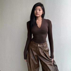 Áo Thun Cổ Chữ V Dài Tay Ngắn Ôm Vừa Vặn Phong Cách Mỹ Cổ Điển Cho Nữ Mùa Thu