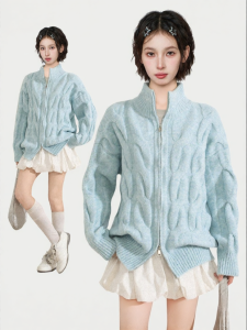 KBVVR | Blue High Neck Cable Knit Cardigan