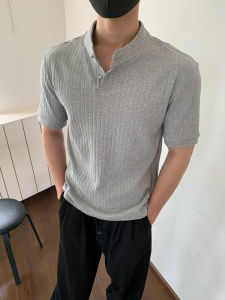 Onelyc1ns American Style Stand Collar Solid Color Short Sleeve T-Shirt Mens Summer Basic Versatile Half Sleeve Top