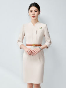 Elegant Professional Womens Dress Autumn Season Hotel Front Desk Beauty Salon Workwear Skirt H-Shape Pure Cotton Material