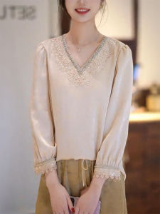 QINGNAER | Lace V-Neck Drilled Seven-Eighths Sleeves Chinese Style Shirt
