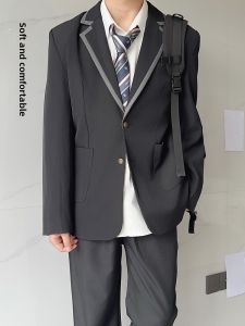 Black Striped Mens Suit Jacket Youth Fashion School Uniform Casual Wear Standard Fit Four Seasons Polyester Blend