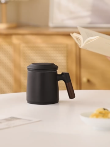 SG Ready Stock Wooden Handle Ceramic Mug Gift Set Water Separation Cup Simple Mug for Couples Mens Tea Cup