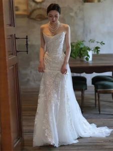 ลูกไม้ งานแต่งงานหางปลา เดรส น้ำหนักเบา เทพนิยายเจ้าสาวเจ้าบ่าวทางเข้าผ้าคลุมหน้า Bustier 2024 ใหม่วินเทจรถไฟขนาดเล็ก