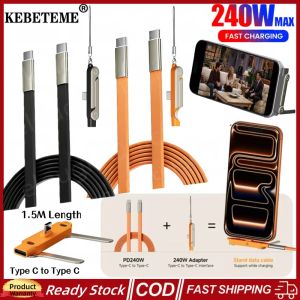 (Ship IN 12H) KEBETEME 240W 2-in-1 Fast Charging Foldable Bracket Data Cable Type-C to Type-C Data Wire with Phone Tablet Stand