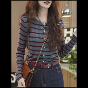 HUOLISI | Stylish Slim-fit Stripe Knit Cardigan Blouse Long-sleeve
