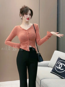 เสื้อสเวตเตอร์ถักคอวีแขนยาวเซ็กซี่สำหรับผู้หญิง เสื้อชั้นในทรงเข้ารูป ทรงสลิมฟิต ทรงเข้ารูป ทรงเข้ารูป เสื้อชั้นในสุดเท่