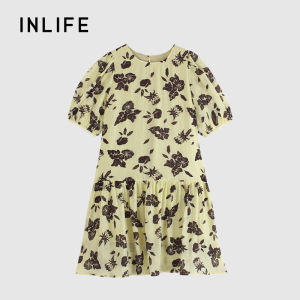 INLIFE | French Vintage Print Dress Summer Vacation Style Round Collar Puff Sleeves Flared