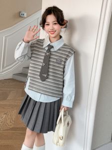 MPW | Girls School Uniform Style Spring Autumn Plaid Skirt Set Three Pieces Jacket Skirt And Top For Medium And Large Children