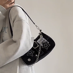 MOUSSON กระเป๋าสะพายข้างผู้หญิง Y2K ลายดาวผ้ายีนส์ใต้วงแขนกระเป๋าสายโซ่กระเป๋าถือ