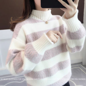 เสื้อสเวตเตอร์ถักลายทางสุดเก๋สำหรับผู้หญิง ฤดูใบไม้ร่วง/ฤดูหนาว 2025 ใหม่ เสื้อชั้นในสำหรับผู้หญิง แขนยาว ปกติ นุ่ม อบอุ่น