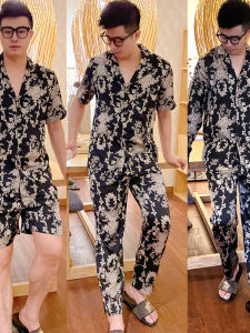 Mens Silk Sleepwear Short Sleeve Thin Pants Home Clothes Set Floral Print Lightweight Comfortable Summer Autumn Mens Pajamas