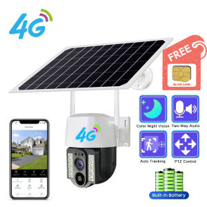 Three Lens Solar CCTV V380 PRO 4G SIM 15MP Outdoor Waterproof 10X Zoom Wireless IP Camera No WIFI Needed Infrared night vision two-way audio remote monitoring camera Quickly Connect Cellphone