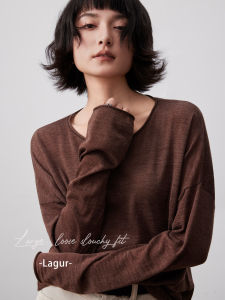 Womens Summer Thin Long Sleeve round Neck T-shirt Breathable Cool Feeling Casual Versatile Sleeve Style Knitted Wool Blend