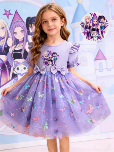 Dreamy Style Kids Princess Dress Purple K-POP Cartoon Print + Colorful Dot Butterfly Sequin Elements