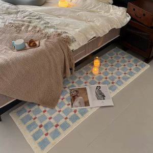 VIKAMA Bohemian Cream Azure Blush Rhombus Checker Bed Runner Rug Retro Silken Bedchamber Styling Keepsake Heavy Duty Refined