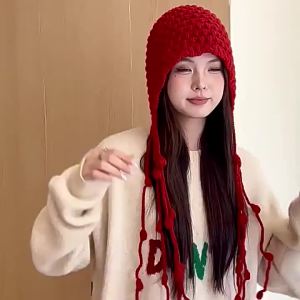 Hearing Protection Knitted Hat Hand Woven Hollow Out Ethnic Style Tassel Ear Protective Warm Winter Headwear for Women