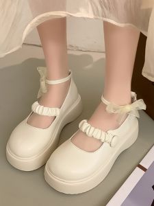 Womens Mary Jane Shoes Thick Bottom Large Head Loafers Spring Autumn French Style Slip-On White Gentle Skirt Casual Flats