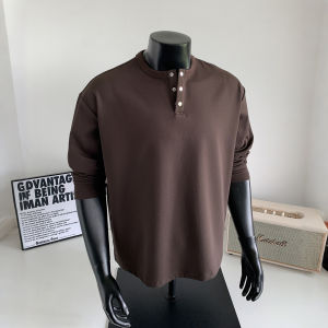 Retro American Long Sleeve T-Shirt Mens Spring Autumn Style Heavyweight Inner Shirt Henry Collar Waffle Pattern Casual Wear