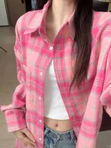 Pink Plaid Long Sleeve Loose Womens Shirt Student Style Spring Summer New Arrival Versatile Outerwear Korean Version Button Detail