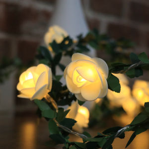 Romantic Rose Flower String Lights Christmas Holiday Decorations Imitation Green Leaf Vine Garden Atmosphere Colorful Flashing Lights