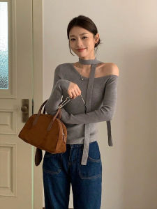 เสื้อถักแขนยาวสีพื้นสไตล์เกาหลีสำหรับผู้หญิง ทรงเข้ารูป ปกโปโล ใส่ได้ในฤดูใบไม้ร่วง ผ้าฝ้ายผสมโพลีเอสเตอร์