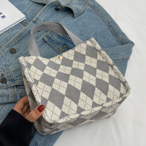 Large Capacity Canvas Tote Bag Womens Fashionable Summer Versatile Single Shoulder Handbag Commuter Diamond Grid Bag