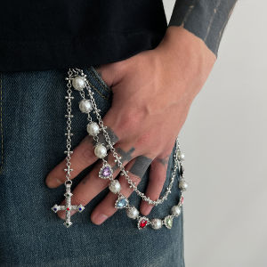 Salircon Exquisite Luxury Cross Pendant Imitation Pearl Keychain Belt Chain Men Women Punk Trousers Jeans Chain HipHop Jewelry
