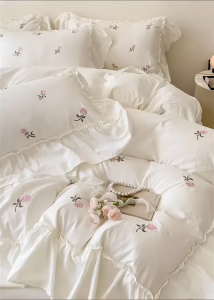 Rose Embroidered Duvet Cover Set (1*Duvet Cover + 2*Pillowcase Without Core) Princess Style Lace Bedding Set