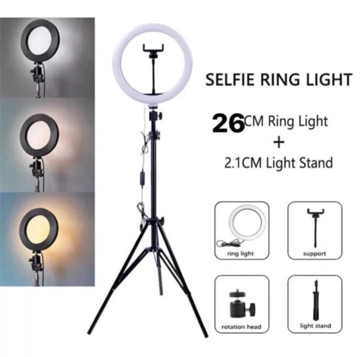MB ring light LED 26cm with tripod stand height panjang lampu selfie  buat tiktok vlog live streaming ringlight 26cm tripod 210 meter