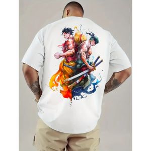 ONE PIECE 2025 Summer Mens T-shirt Street Animation Back Print Flame Watercolor Design Casual Loose Version Graphic T-shirt