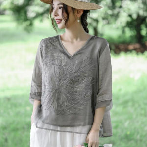 QIAOXIZI | V-Neck Double-Layer Embroidered Cotton Linen Shirt for Plus Size Women