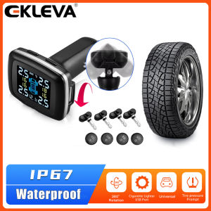 EKLEVA Smart Cig Lighter USB TPMS Car Tire Pressure Alarm Monitor System 4 Sensors Display Tyre Pressure Temperature Alarm