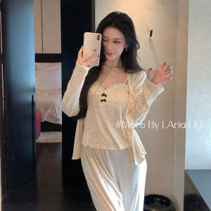 Bộ Đồ Ngủ Modal Dài Tay Cho Nữ Mùa Thu Đông Thường Ngày in Họa Tiết Bướm Ba Mảnh Có Đệm Ngực Thoải Mái Mặc Ở Nhà