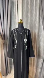 Luxury Black Abaya with Mint Floral Appliqué & Crystal Embellishments - Elegant Dubai Piece with Matching Inner Dress & Scarf